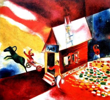 Marc Chagall Painting - Casa en llamas contemporáneo Marc Chagall